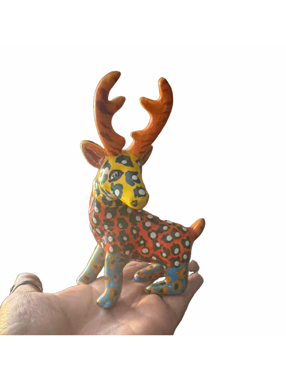 Vintage Mexican Alebrije Hand -painted Rare Ceramic Deer w/ Antlers, Signed